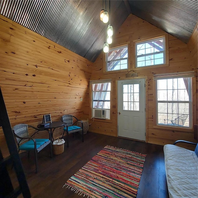 1432 Wayne 523, Wappapello, MO 63966 - doorway to outside featuring high vaulted ceiling, wooden walls, wood finished floors, and cooling unit