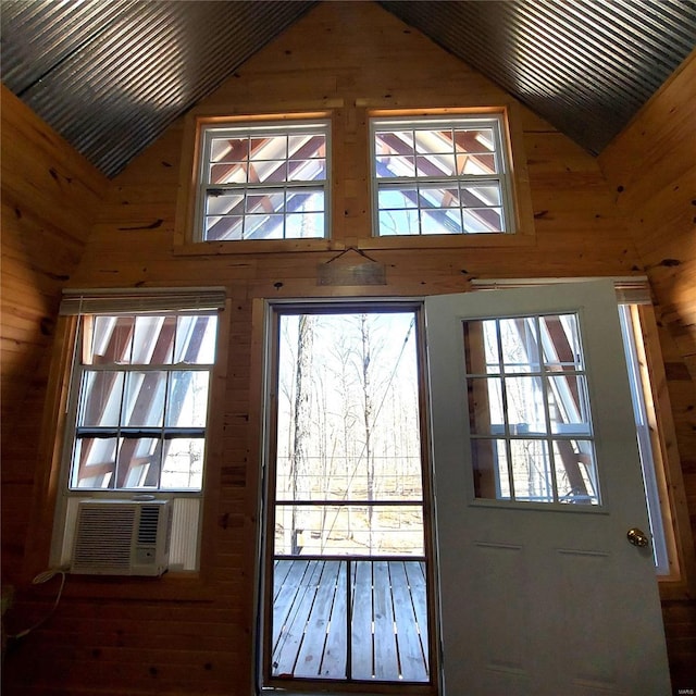 1432 Wayne 523, Wappapello, MO 63966 - doorway with wooden walls, cooling unit, and high vaulted ceiling