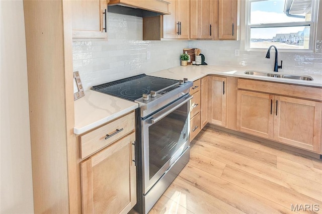 kitchen with electric range, a sink, light brown cabinetry, ventilation hood, and decorative backsplash