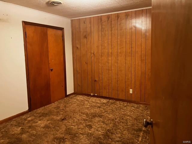 unfurnished bedroom with wood walls, carpet flooring, baseboards, and a closet