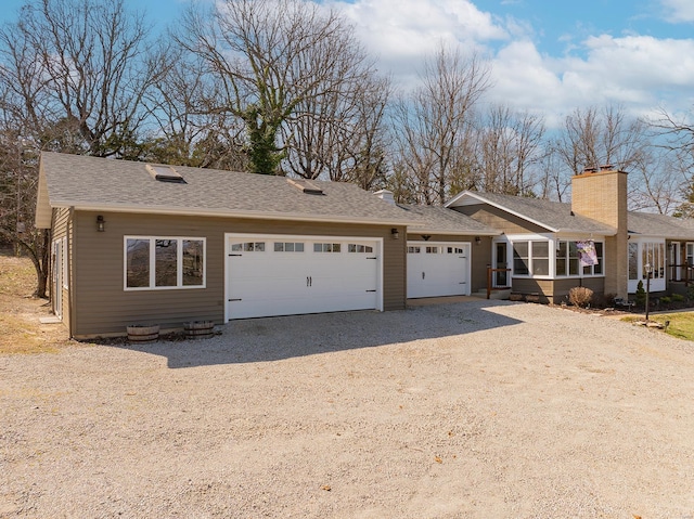 51 County Road 620a, Isabella, MO 65676 - ranch-style house with dirt driveway, an attached garage, a chimney, and roof with shingles