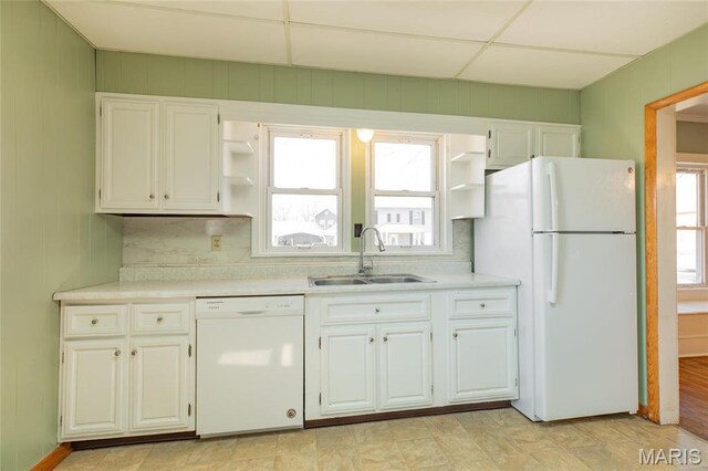 533 Locust St, Carrollton, IL 62016 - kitchen featuring white appliances, open shelves, a sink, and white cabinets