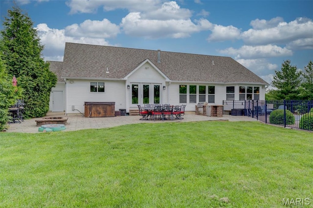 322 Gerard Ln, Moscow Mills, MO 63362 - rear view of property featuring a hot tub, a patio area, a shingled roof, and french doors