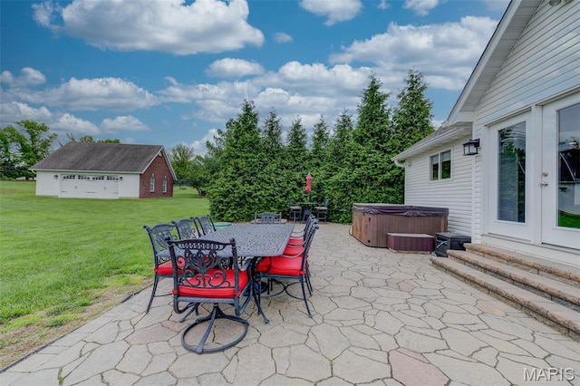 322 Gerard Ln, Moscow Mills, MO 63362 - view of patio / terrace with a hot tub, entry steps, and outdoor dining space