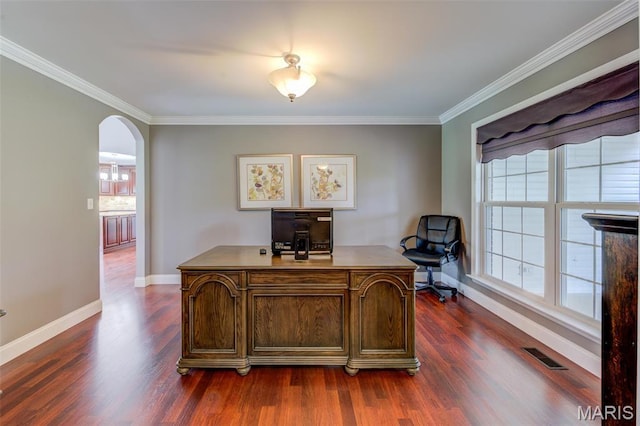 322 Gerard Ln, Moscow Mills, MO 63362 - office area with baseboards, dark wood finished floors, ornamental molding, and arched walkways