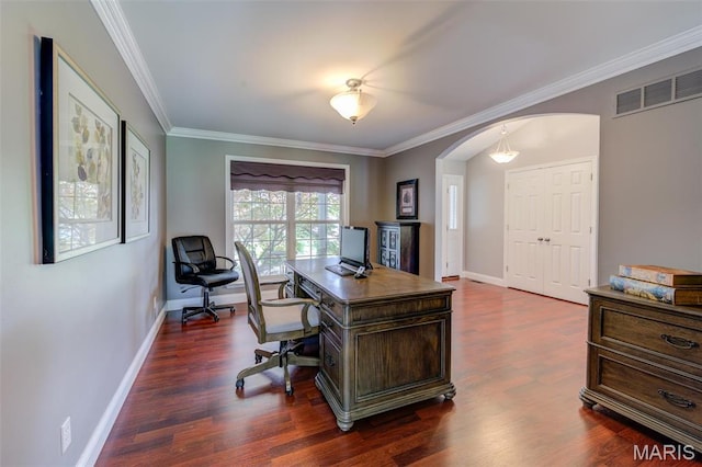 322 Gerard Ln, Moscow Mills, MO 63362 - home office featuring arched walkways, crown molding, baseboards, and dark wood-style floors