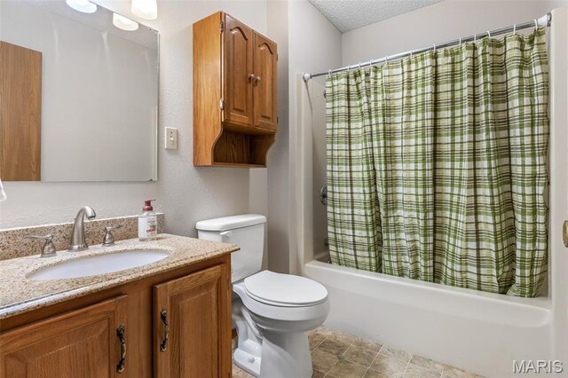 423 Rice Rd, Bonne Terre, MO 63628 - full bathroom with vanity, shower / tub combo with curtain, toilet, and a textured ceiling