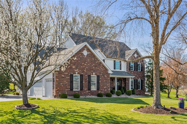 1155 Whitmoor Dr, Weldon Spring, MO 63304 - traditional home with brick siding, a front lawn, a garage, and concrete driveway