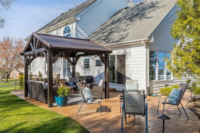 1155 Whitmoor Dr, Weldon Spring, MO 63304 - wooden deck featuring a gazebo, an outdoor hangout area, outdoor dining area, a patio area, and a yard