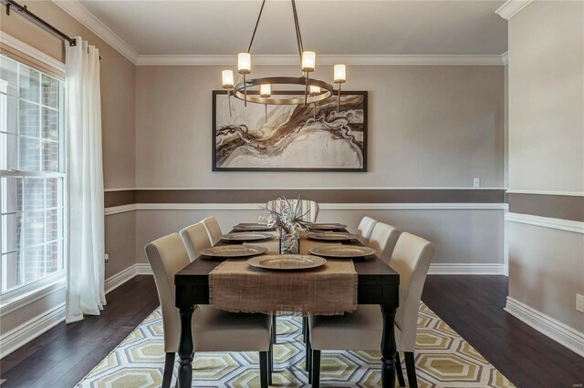 1155 Whitmoor Dr, Weldon Spring, MO 63304 - dining room featuring wood finished floors, plenty of natural light, a chandelier, and ornamental molding
