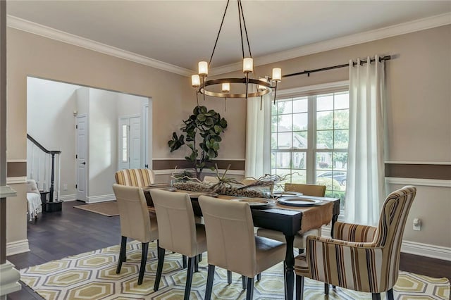 1155 Whitmoor Dr, Weldon Spring, MO 63304 - dining room featuring dark wood-style flooring, a chandelier, crown molding, and stairs