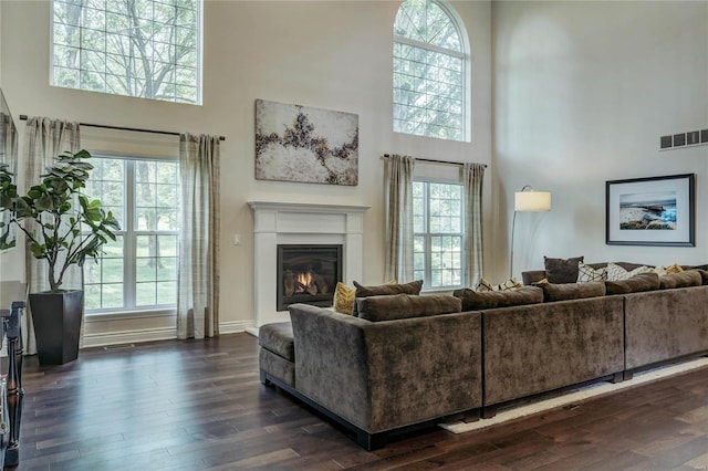 1155 Whitmoor Dr, Weldon Spring, MO 63304 - living area featuring a high ceiling, dark wood finished floors, a glass covered fireplace, and baseboards