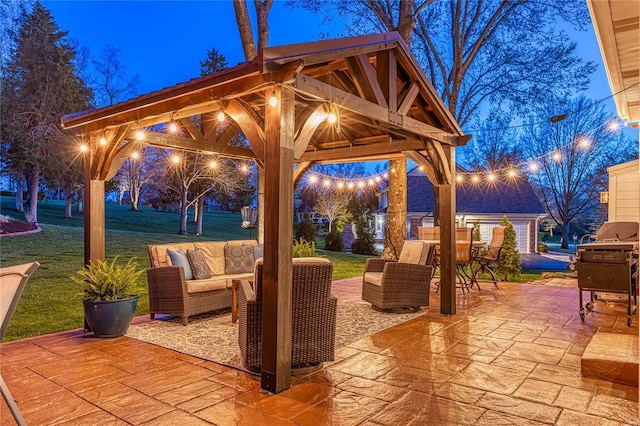 1155 Whitmoor Dr, Weldon Spring, MO 63304 - patio at twilight with outdoor lounge area, a patio, a yard, and a gazebo