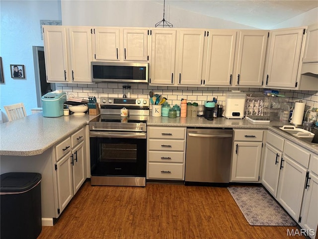 70 Innsbruck Ln, Shiloh, IL 62221 - kitchen featuring appliances with stainless steel finishes, a peninsula, vaulted ceiling, dark wood-style flooring, and backsplash