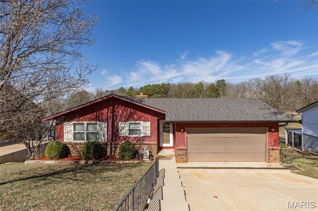 207 Normandie Dr, Bonne Terre, MO 63628 - single story home with concrete driveway, brick siding, a garage, and a shingled roof