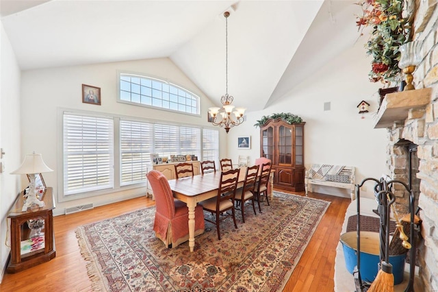 900 Deer Circle Dr, Carlyle, IL 62231 - dining area with a chandelier, wood finished floors, and high vaulted ceiling