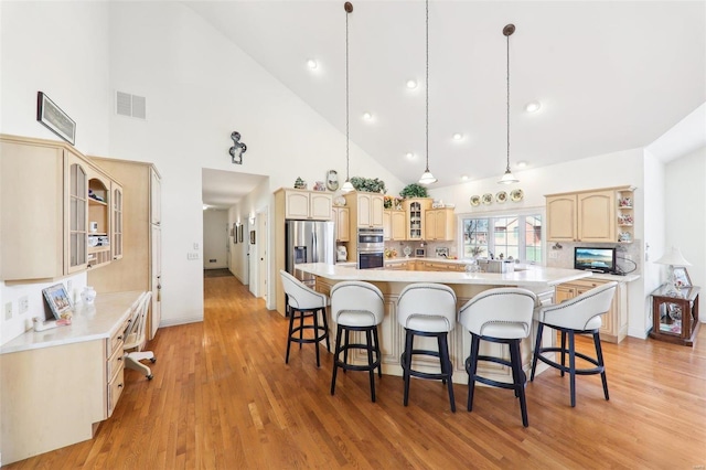 900 Deer Circle Dr, Carlyle, IL 62231 - kitchen with high vaulted ceiling, a breakfast bar, stainless steel appliances, a spacious island, and light wood finished floors