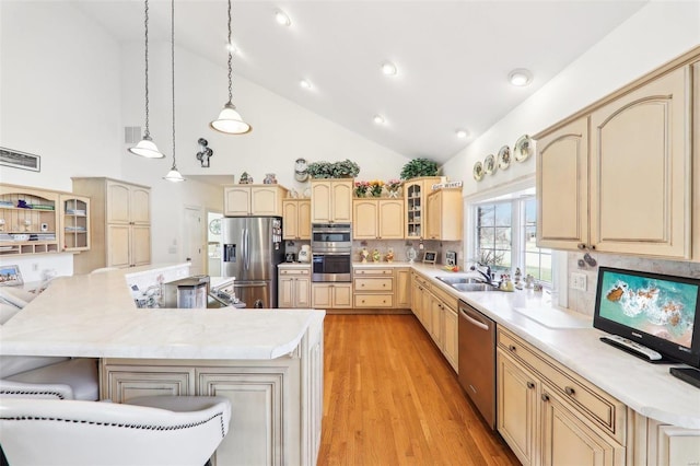 900 Deer Circle Dr, Carlyle, IL 62231 - kitchen with stainless steel appliances, a sink, light brown cabinets, a breakfast bar, and tasteful backsplash