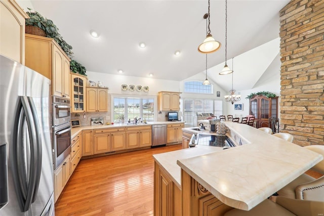 900 Deer Circle Dr, Carlyle, IL 62231 - kitchen featuring appliances with stainless steel finishes, a kitchen bar, light countertops, vaulted ceiling, and light wood finished floors