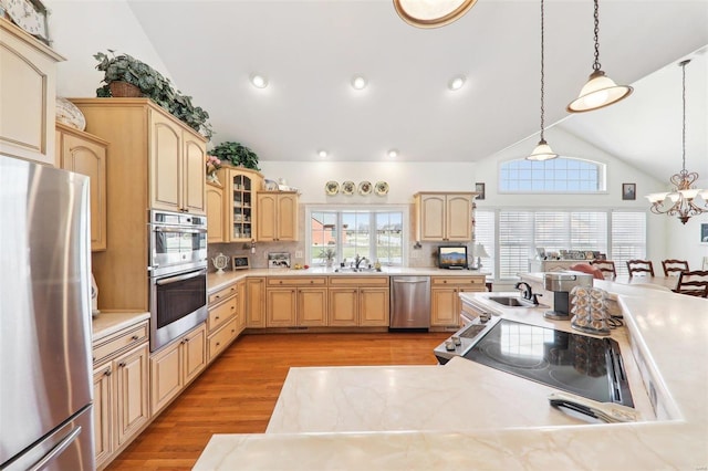 900 Deer Circle Dr, Carlyle, IL 62231 - kitchen with appliances with stainless steel finishes, light brown cabinets, a sink, light countertops, and high vaulted ceiling
