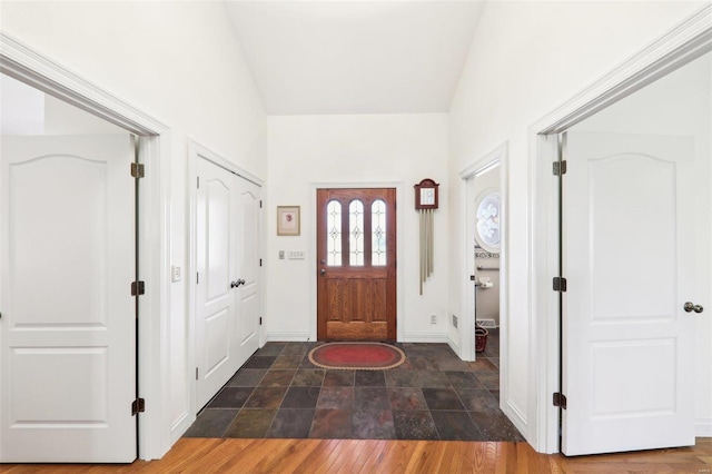 900 Deer Circle Dr, Carlyle, IL 62231 - foyer entrance with baseboards, vaulted ceiling, and stone finish floors