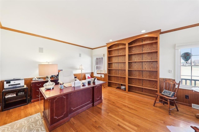 900 Deer Circle Dr, Carlyle, IL 62231 - office featuring ornamental molding, light wood-style flooring, and a wainscoted wall