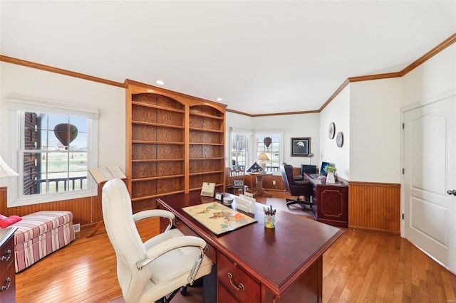 900 Deer Circle Dr, Carlyle, IL 62231 - office featuring light wood-style flooring, a wainscoted wall, ornamental molding, and wood walls