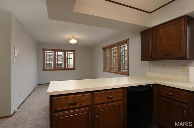 8032 Blue Mound Dr, Saint Rose, IL 62230 - kitchen featuring dishwasher, a peninsula, light colored carpet, and light countertops