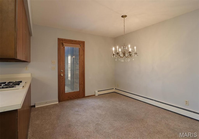 8032 Blue Mound Dr, Saint Rose, IL 62230 - unfurnished dining area with a chandelier, a baseboard heating unit, carpet floors, and baseboards