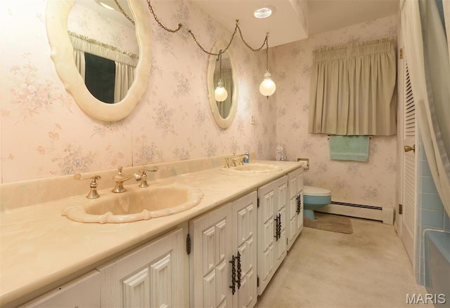 8032 Blue Mound Dr, Saint Rose, IL 62230 - bathroom featuring baseboard heating, toilet, double vanity, and wallpapered walls