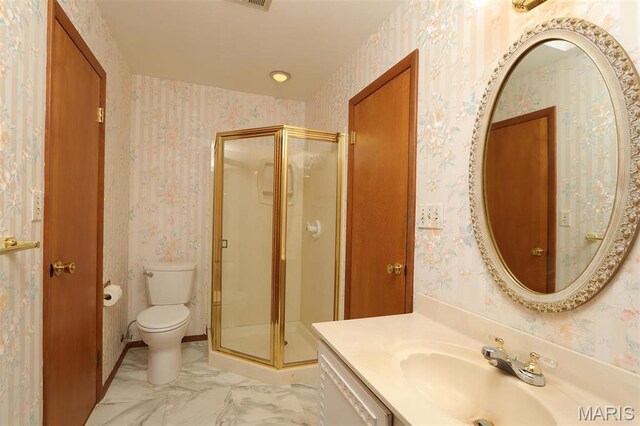 8032 Blue Mound Dr, Saint Rose, IL 62230 - full bath featuring wallpapered walls, a stall shower, toilet, vanity, and marble finish floors