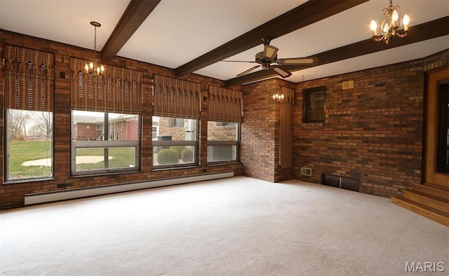 8032 Blue Mound Dr, Saint Rose, IL 62230 - unfurnished living room featuring a chandelier, a baseboard radiator, brick wall, carpet flooring, and beam ceiling