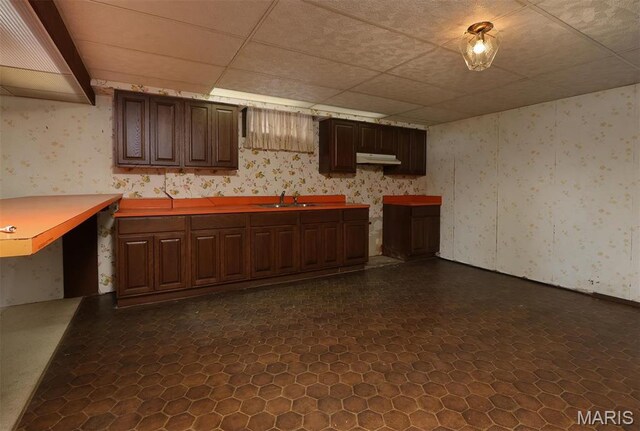 8032 Blue Mound Dr, Saint Rose, IL 62230 - kitchen with wallpapered walls, a sink, under cabinet range hood, light countertops, and a paneled ceiling