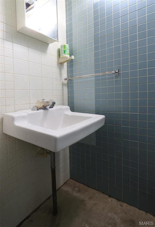8032 Blue Mound Dr, Saint Rose, IL 62230 - bathroom with tile walls and unfinished concrete floors