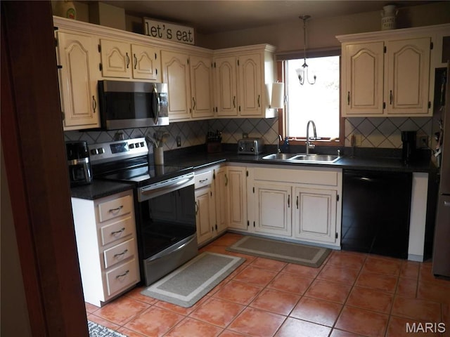 417 Carriage Pl, Lebanon, MO 65536 - kitchen featuring appliances with stainless steel finishes, a sink, decorative backsplash, and dark countertops