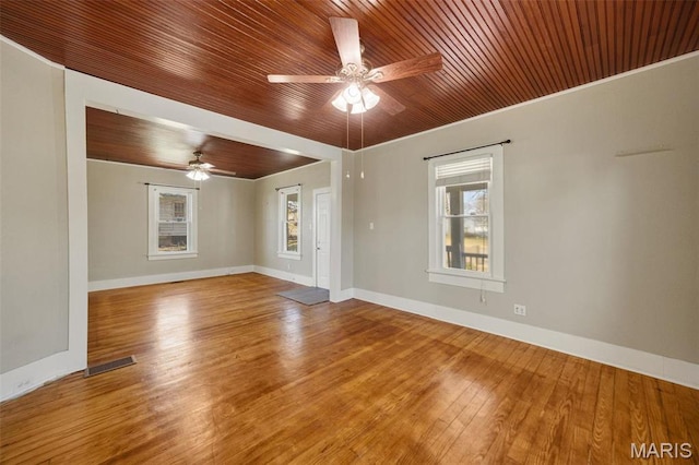 1052 Market St, Saint Genevieve, MO 63670 - spare room with wooden ceiling, a ceiling fan, wood finished floors, and baseboards