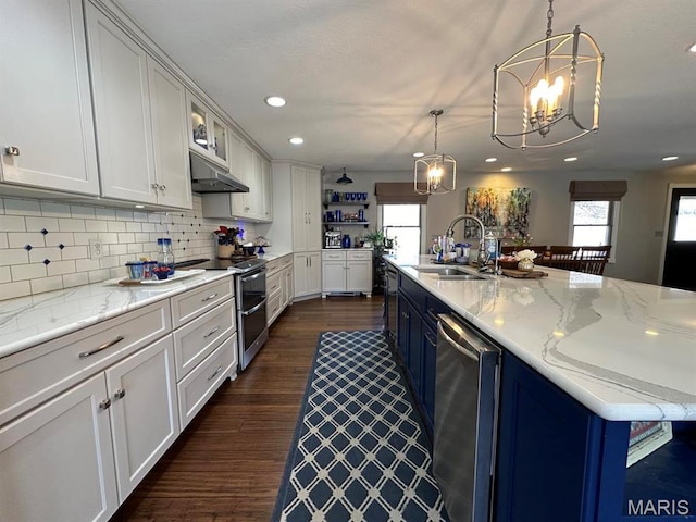 14348 Hidden Trails Cir, Dexter, MO 63841 - kitchen with a chandelier, stainless steel appliances, a sink, open shelves, and white cabinets