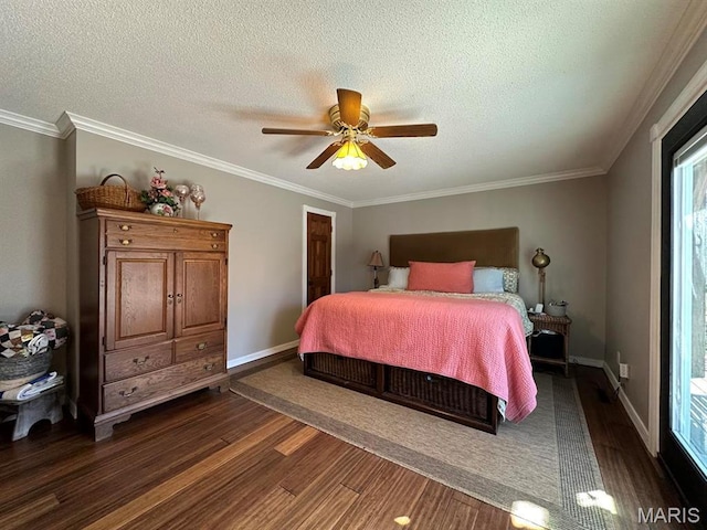 14348 Hidden Trails Cir, Dexter, MO 63841 - bedroom with dark wood-style flooring, a textured ceiling, baseboards, ornamental molding, and multiple windows