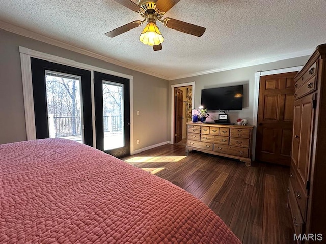 14348 Hidden Trails Cir, Dexter, MO 63841 - bedroom with access to exterior, dark wood finished floors, ornamental molding, a textured ceiling, and a ceiling fan