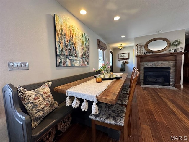 14348 Hidden Trails Cir, Dexter, MO 63841 - dining area with wood finished floors, recessed lighting, and a fireplace