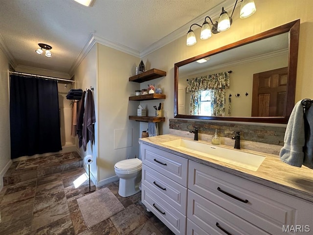14348 Hidden Trails Cir, Dexter, MO 63841 - full bath featuring ornamental molding, a textured ceiling, vanity, a shower with curtain, and stone finish floors