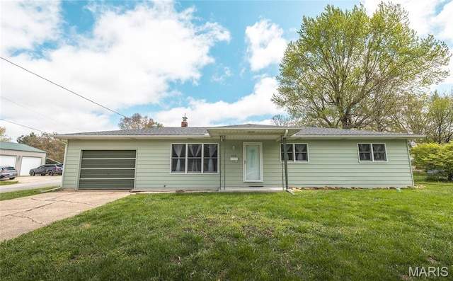 400 S Hickory St, Salem, MO 65560 - ranch-style house featuring concrete driveway, an attached garage, a front yard, and a chimney