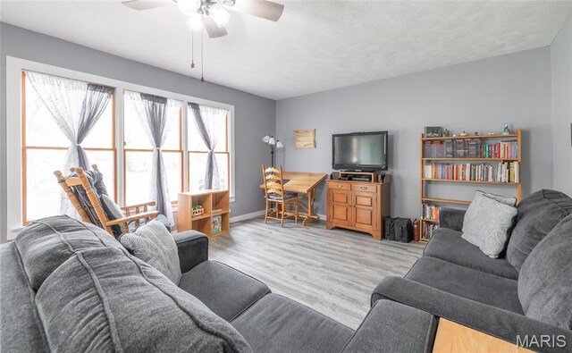 400 S Hickory St, Salem, MO 65560 - living room featuring light wood-type flooring, ceiling fan, and baseboards