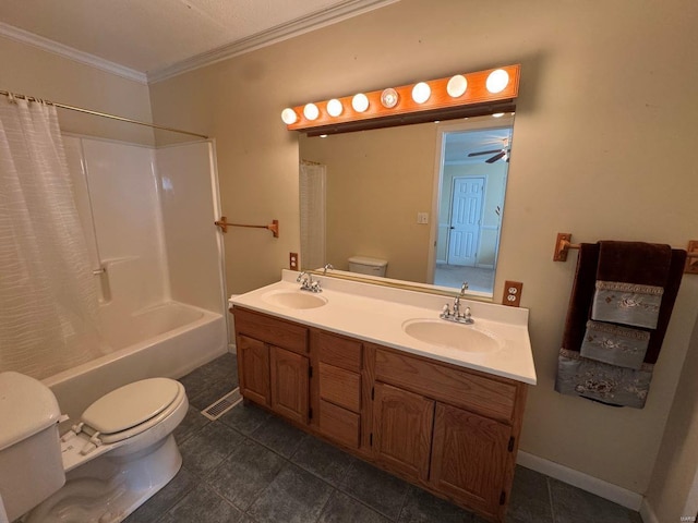 bathroom with toilet, tile patterned floors, crown molding, shower / tub combo, and double vanity