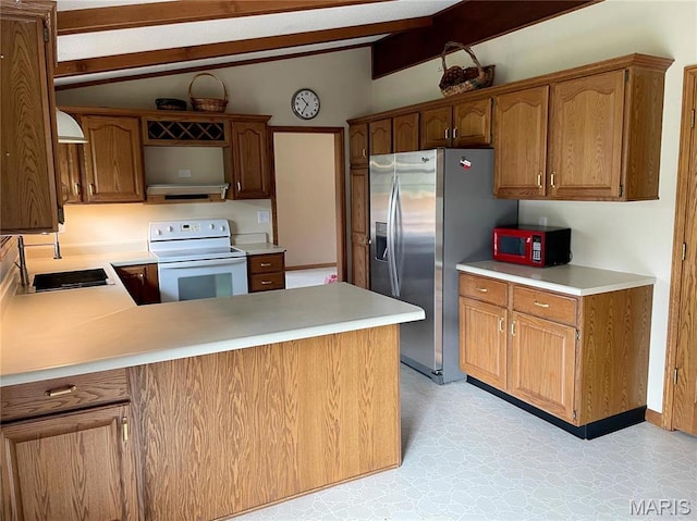 22 Coachman Ln, Villa Ridge, MO 63089 - kitchen featuring white range with electric stovetop, stainless steel fridge, light countertops, a peninsula, and a sink