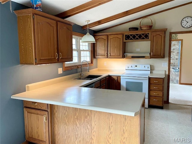 22 Coachman Ln, Villa Ridge, MO 63089 - kitchen with a sink, electric stove, a peninsula, light countertops, and decorative light fixtures