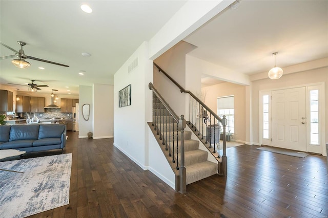 237 Mason Glen Dr, Lake St Louis, MO 63367 - entryway featuring ceiling fan, dark wood-style flooring, baseboards, recessed lighting, and stairway