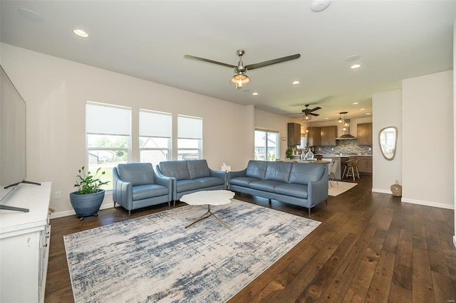 237 Mason Glen Dr, Lake St Louis, MO 63367 - living room featuring dark wood-type flooring, baseboards, recessed lighting, and ceiling fan