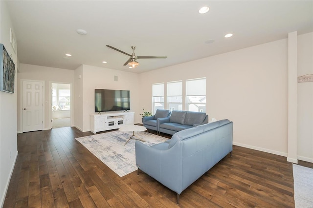 237 Mason Glen Dr, Lake St Louis, MO 63367 - living room featuring dark wood-style floors, a ceiling fan, baseboards, and recessed lighting
