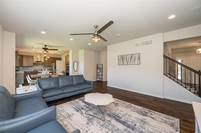 237 Mason Glen Dr, Lake St Louis, MO 63367 - living room with a ceiling fan, baseboards, dark wood-style floors, recessed lighting, and stairs